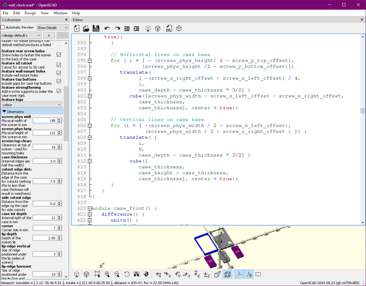 A screenshot of OpenSCAD showing the raw source code used to generate the 3D models