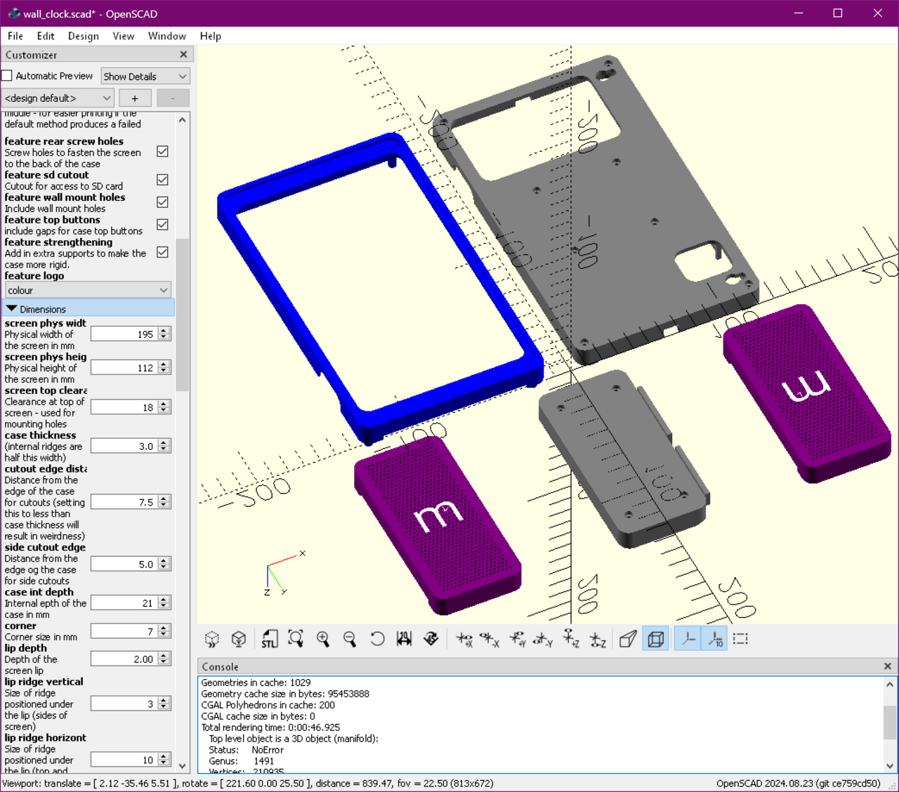 A screenshot of OpenSCAD showing the pieces of the wall clock case on the
right, and a large number of configuration options on the left